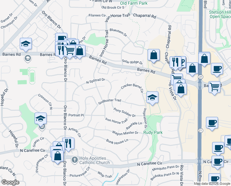 map of restaurants, bars, coffee shops, grocery stores, and more near 5207 Cracker Barrel Circle in Colorado Springs