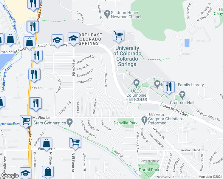 map of restaurants, bars, coffee shops, grocery stores, and more near 702 Cragmor Road in Colorado Springs