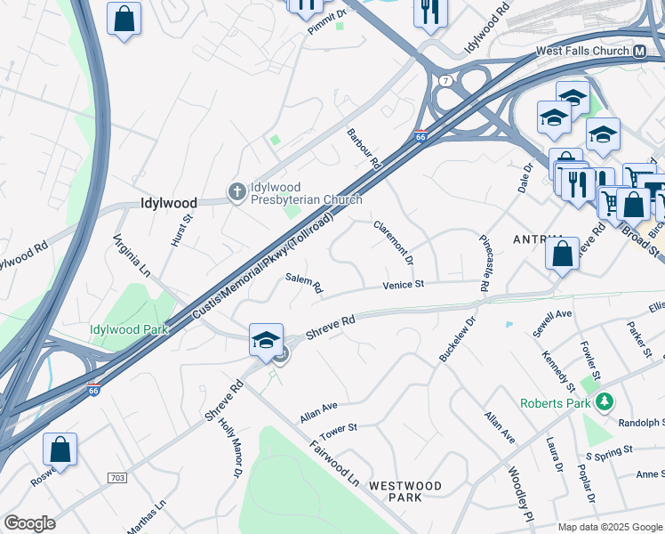 map of restaurants, bars, coffee shops, grocery stores, and more near 2420 Lexington Road in Falls Church