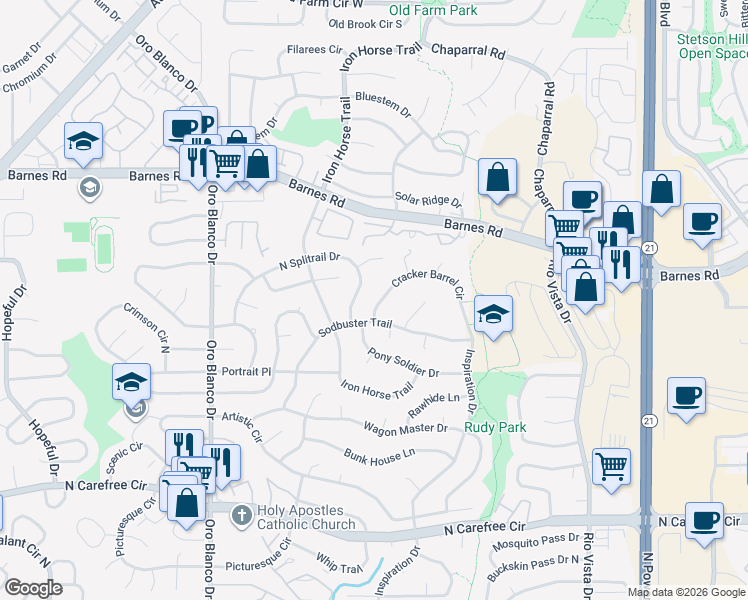 map of restaurants, bars, coffee shops, grocery stores, and more near 5207 Cracker Barrel Circle in Colorado Springs