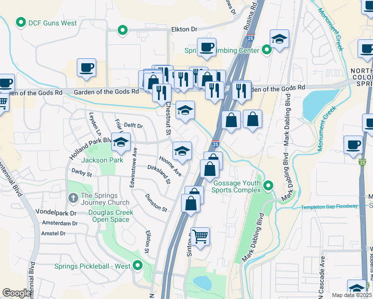 map of restaurants, bars, coffee shops, grocery stores, and more near 4327 North Chestnut Street in Colorado Springs