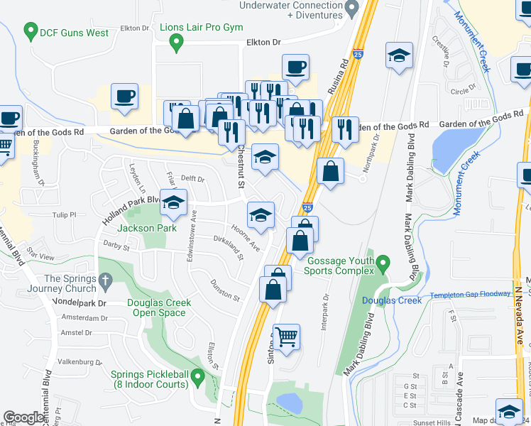 map of restaurants, bars, coffee shops, grocery stores, and more near 4334 North Chestnut Street in Colorado Springs