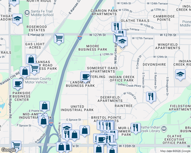 map of restaurants, bars, coffee shops, grocery stores, and more near 723 North Somerset Terrace in Olathe