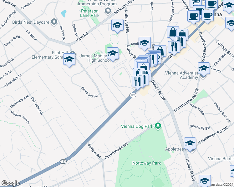 map of restaurants, bars, coffee shops, grocery stores, and more near 2638 Glengyle Drive in Vienna