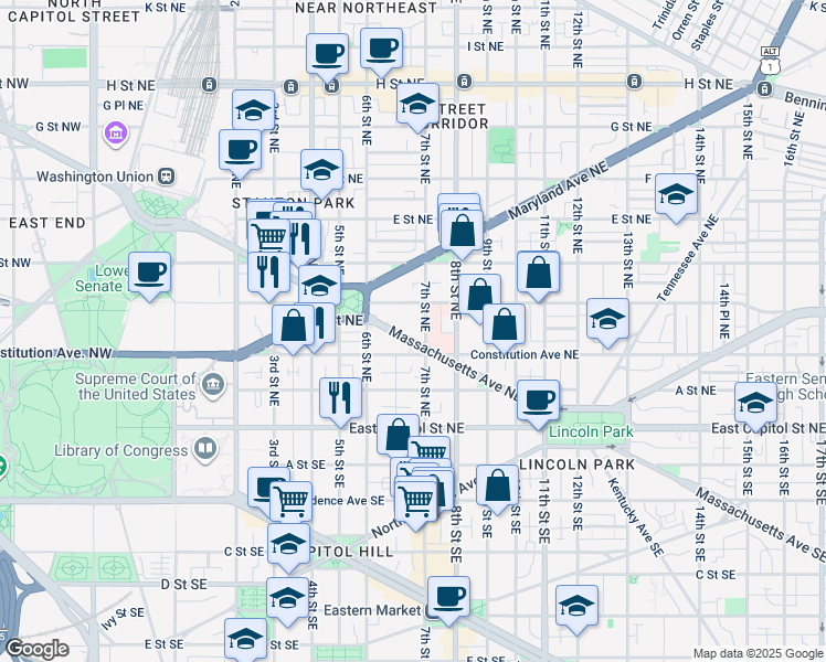 map of restaurants, bars, coffee shops, grocery stores, and more near 650 Massachusetts Avenue Northeast in Washington