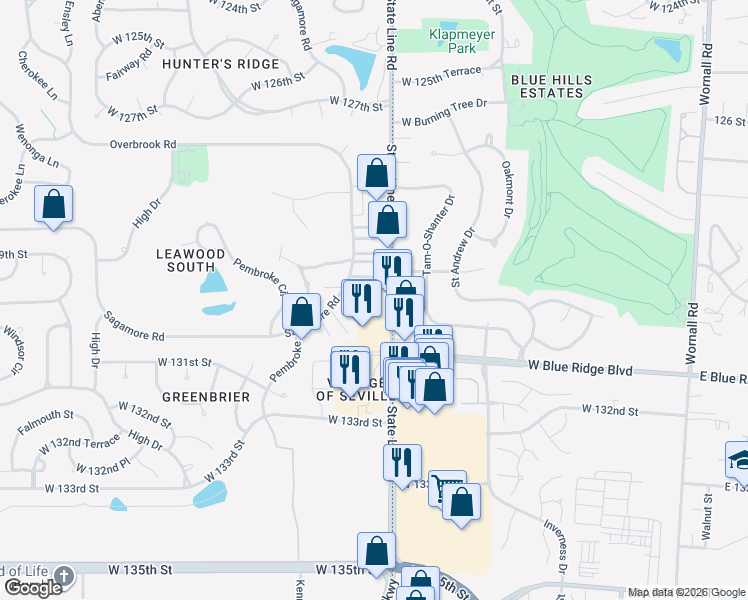 map of restaurants, bars, coffee shops, grocery stores, and more near 12908 State Line Road in Leawood