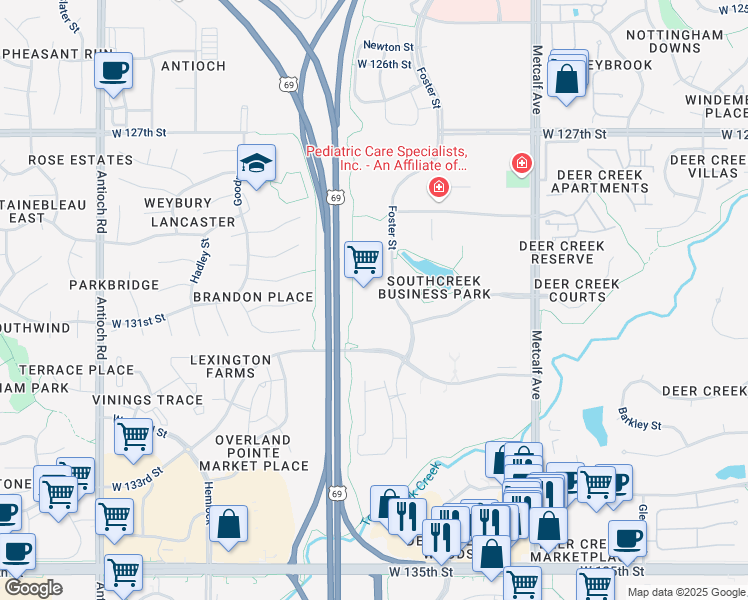 map of restaurants, bars, coffee shops, grocery stores, and more near 12980 Foster Street in Overland Park