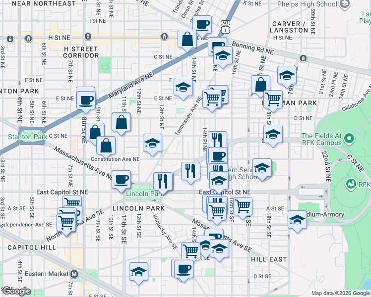 map of restaurants, bars, coffee shops, grocery stores, and more near 101 Independence Avenue Southeast in Washington
