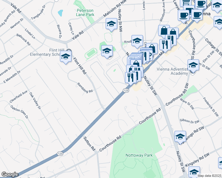 map of restaurants, bars, coffee shops, grocery stores, and more near 2640 Glengyle Drive in Vienna