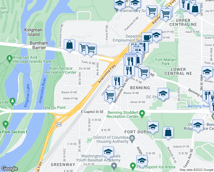 map of restaurants, bars, coffee shops, grocery stores, and more near 208 35th Street Northeast in Washington