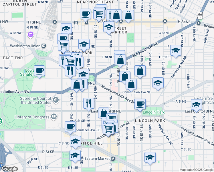 map of restaurants, bars, coffee shops, grocery stores, and more near 648 Massachusetts Avenue Northeast in Washington