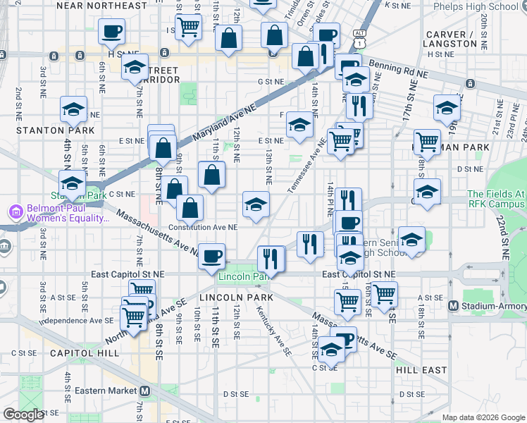 map of restaurants, bars, coffee shops, grocery stores, and more near 1250 Constitution Avenue Northeast in Washington