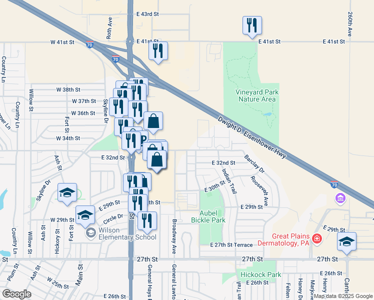 map of restaurants, bars, coffee shops, grocery stores, and more near 1281 East 33rd Street in Hays