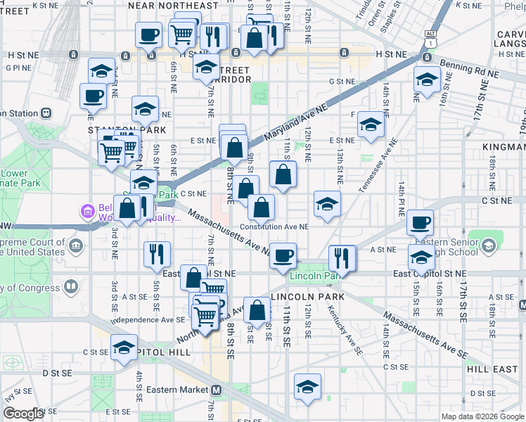 map of restaurants, bars, coffee shops, grocery stores, and more near 101 Independence Avenue Southeast in Washington