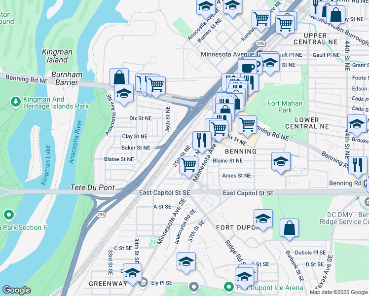 map of restaurants, bars, coffee shops, grocery stores, and more near 210 35th Street Northeast in Washington