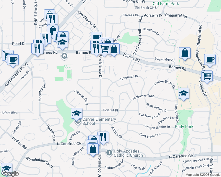 map of restaurants, bars, coffee shops, grocery stores, and more near 4855 North Splendid Circle in Colorado Springs
