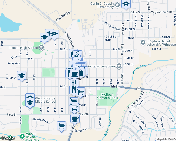 map of restaurants, bars, coffee shops, grocery stores, and more near 631 E Street in Lincoln