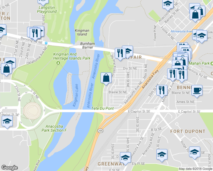 map of restaurants, bars, coffee shops, grocery stores, and more near 231 Anacostia Avenue Northeast in Washington