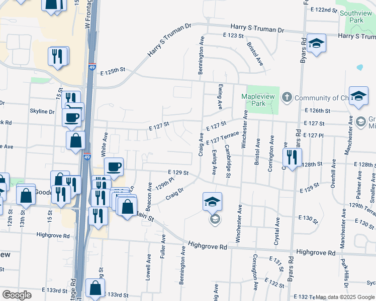 map of restaurants, bars, coffee shops, grocery stores, and more near 6626 East 128th Street in Grandview