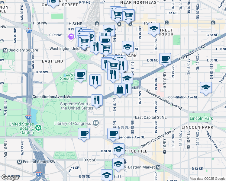 map of restaurants, bars, coffee shops, grocery stores, and more near 101 Independence Avenue Southeast in Washington