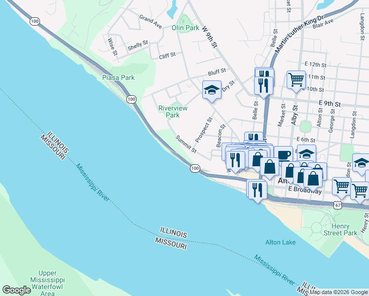 map of restaurants, bars, coffee shops, grocery stores, and more near 618 Summit Street in Alton