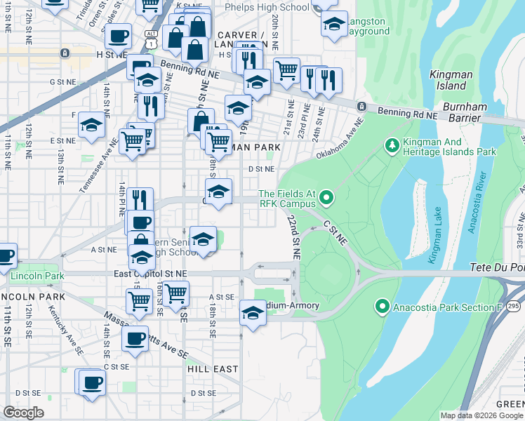 map of restaurants, bars, coffee shops, grocery stores, and more near 101 Independence Avenue Southeast in Washington