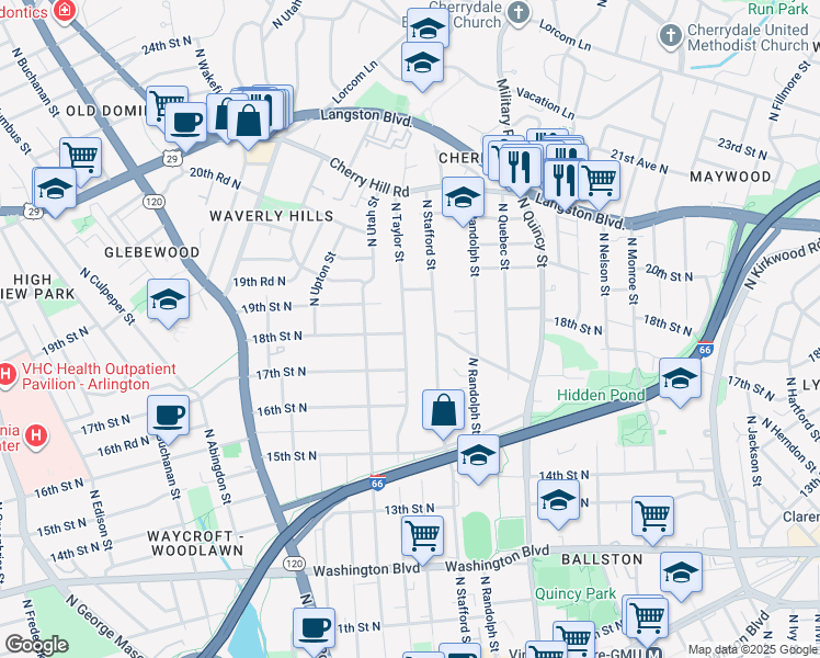 map of restaurants, bars, coffee shops, grocery stores, and more near 1801 North Taylor Street in Arlington