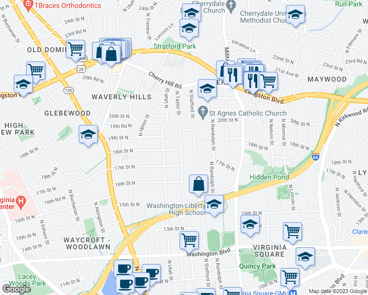 map of restaurants, bars, coffee shops, grocery stores, and more near 1801 North Taylor Street in Arlington