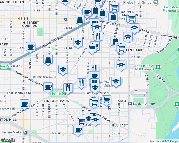 map of restaurants, bars, coffee shops, grocery stores, and more near 101 Independence Avenue Southeast in Washington