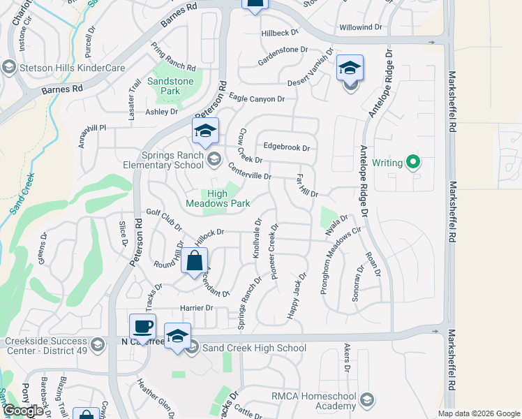 map of restaurants, bars, coffee shops, grocery stores, and more near 4384 Ranch Creek Drive in Colorado Springs