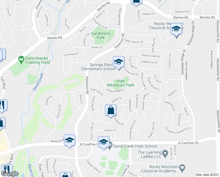 map of restaurants, bars, coffee shops, grocery stores, and more near 4277 Alder Springs View in Colorado Springs
