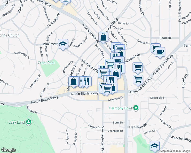 map of restaurants, bars, coffee shops, grocery stores, and more near 4300 Morning Sun Avenue in Colorado Springs