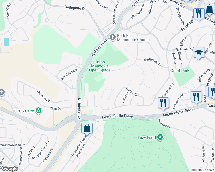 map of restaurants, bars, coffee shops, grocery stores, and more near 4301 Ridgecrest Drive in Colorado Springs