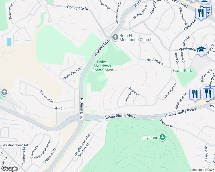 map of restaurants, bars, coffee shops, grocery stores, and more near 4301 Ridgecrest Drive in Colorado Springs