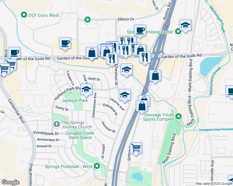 map of restaurants, bars, coffee shops, grocery stores, and more near 4353 North Chestnut Street in Colorado Springs