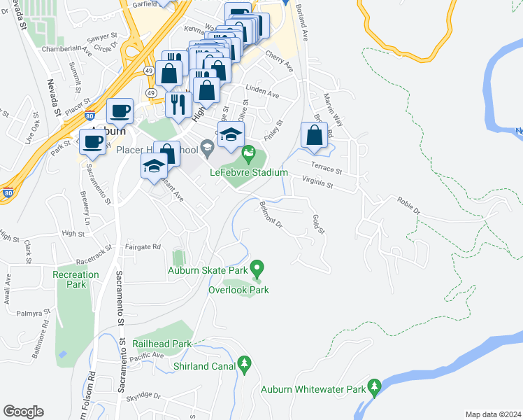 map of restaurants, bars, coffee shops, grocery stores, and more near 155 Stadium Way in Auburn