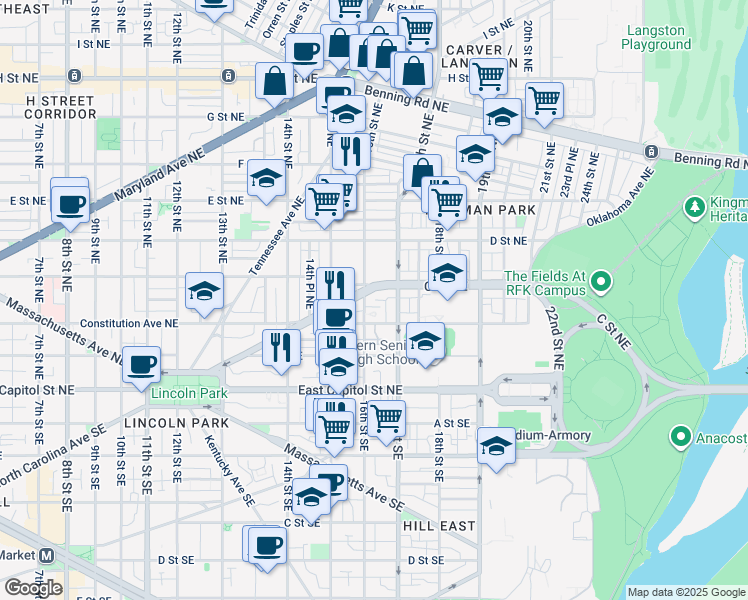 map of restaurants, bars, coffee shops, grocery stores, and more near 101 Independence Avenue Southeast in Washington