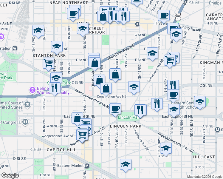 map of restaurants, bars, coffee shops, grocery stores, and more near 101 Independence Avenue Southeast in Washington