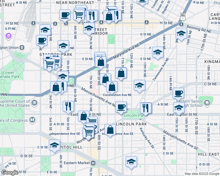 map of restaurants, bars, coffee shops, grocery stores, and more near 101 Independence Avenue Southeast in Washington