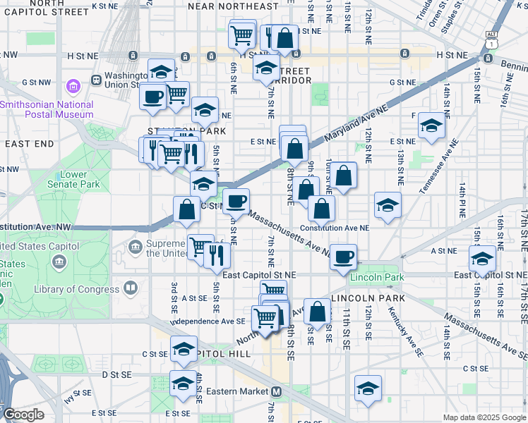 map of restaurants, bars, coffee shops, grocery stores, and more near 101 Independence Avenue Southeast in Washington