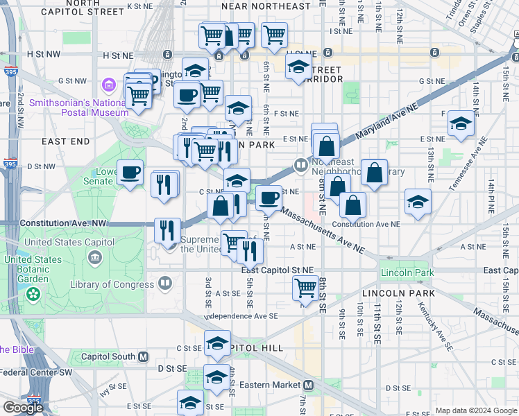 map of restaurants, bars, coffee shops, grocery stores, and more near 101 Independence Avenue Southeast in Washington