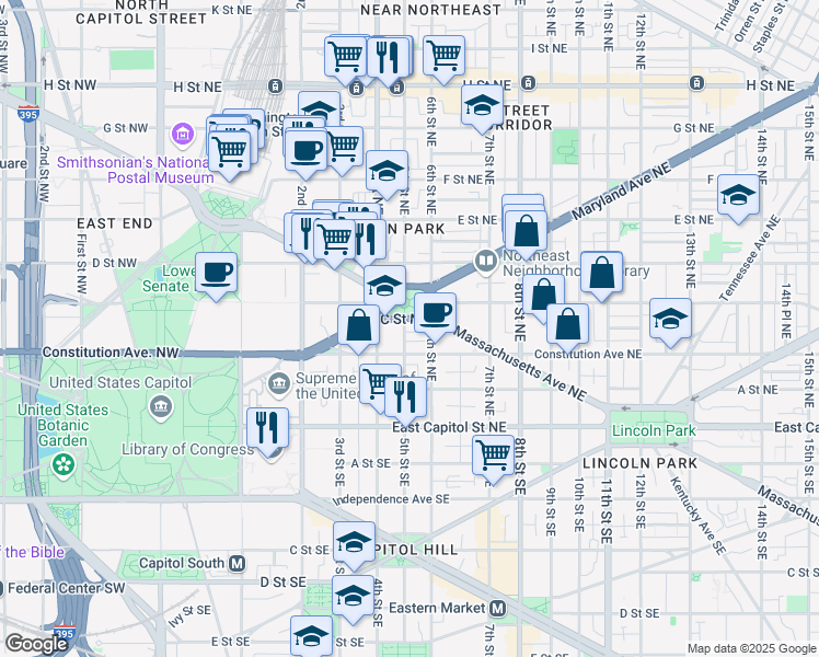 map of restaurants, bars, coffee shops, grocery stores, and more near 101 Independence Avenue Southeast in Washington