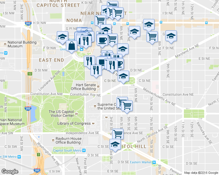 map of restaurants, bars, coffee shops, grocery stores, and more near 101 Independence Avenue Southeast in Washington