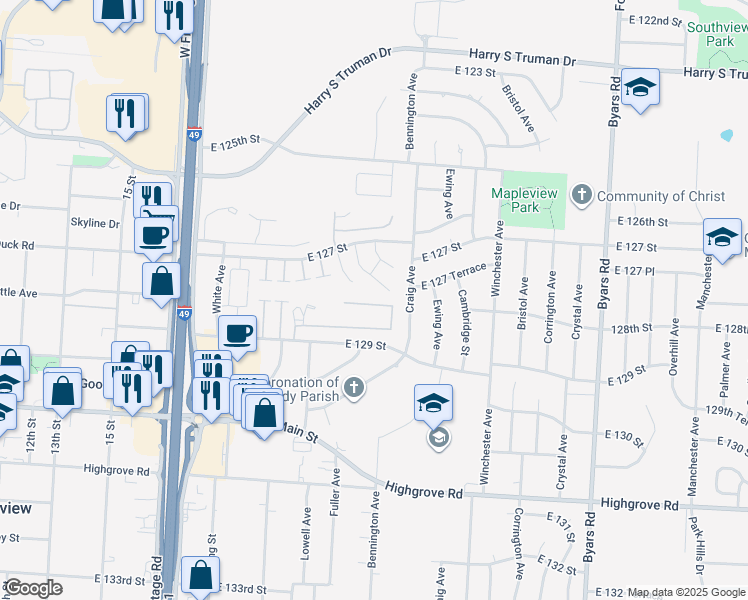 map of restaurants, bars, coffee shops, grocery stores, and more near 12723 Lowell Avenue in Grandview