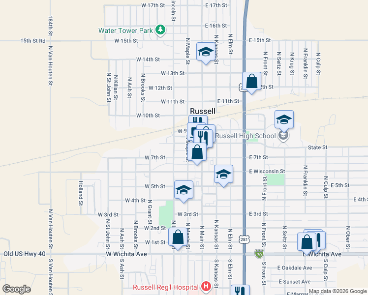 map of restaurants, bars, coffee shops, grocery stores, and more near 237 West 8th Street in Russell