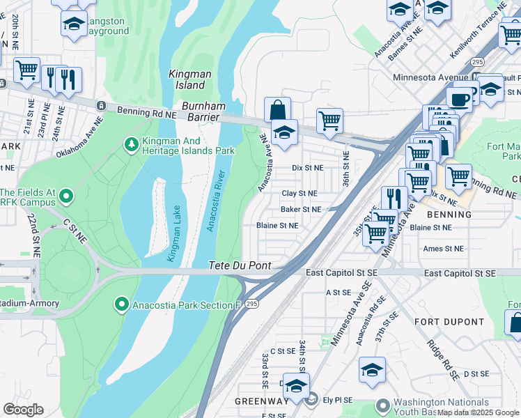 map of restaurants, bars, coffee shops, grocery stores, and more near 232 33rd Street Northeast in Washington