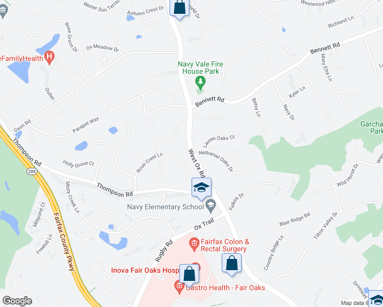 map of restaurants, bars, coffee shops, grocery stores, and more near West Ox Road in Fairfax County