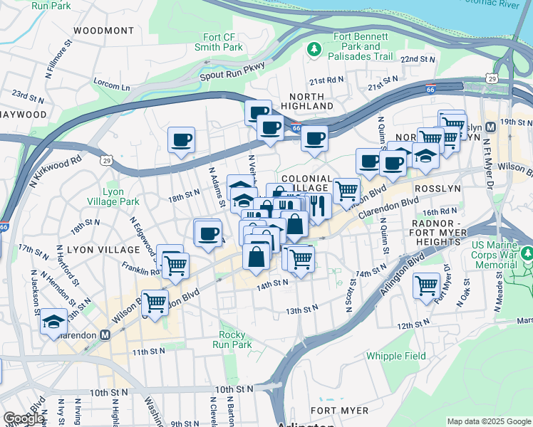 map of restaurants, bars, coffee shops, grocery stores, and more near 2107 Wilson Boulevard in Arlington