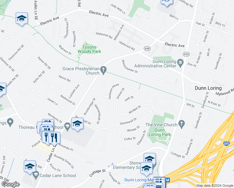 map of restaurants, bars, coffee shops, grocery stores, and more near 2408 Drexel Street in Vienna