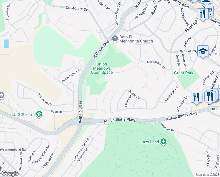 map of restaurants, bars, coffee shops, grocery stores, and more near 4301 Ridgecrest Drive in Colorado Springs